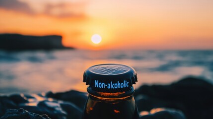 Close-up of a non-alcoholic beverage bottle cap with condensation, emphasizing sober lifestyle choices and alcohol-free alternatives, for premium look banner with copy space