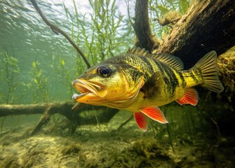 Fototapeta premium A perch swims gracefully among aquatic plants in a river, showcasing its vibrant stripes and predatory stance while searching for food in a natural habitat