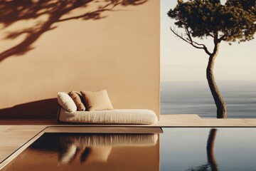 Minimalist outdoor poolside oasis with stylish lounger and tranquil ocean view at sunset