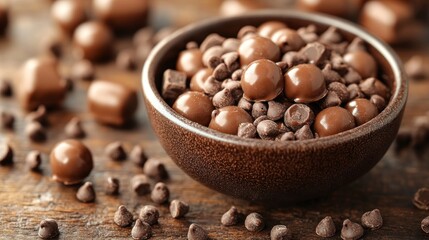 Bowl of chocolate candies and chocolate chips on wooden table.