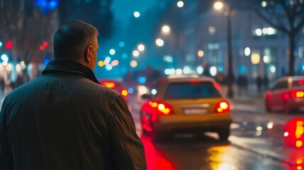 Man Observing Traffic Lights at Night in Urban Setting