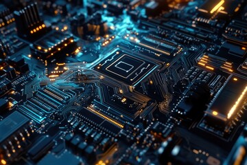 Obraz premium Closeup view of a technologically advanced circuit board with glowing blue and orange components, showcasing intricate details of modern computer hardware