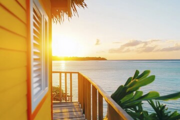 Tropical beachfront balcony at sunrise with vibrant yellow bungalow and ocean view