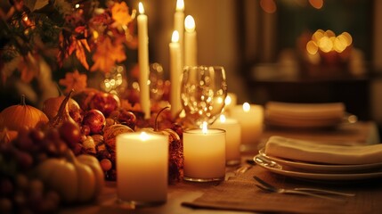 The glow of candles on a fall dinner table with autumn decorations, inviting and warm, ultra-detailed, 4k