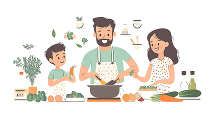 Culinary Bonds: A joyful family creates a shared experience by cooking together, full of healthy food. The scene is light and bright, emphasizing togetherness and health. 