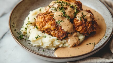 Crispy fried chicken with creamy gravy served over mashed potatoes.