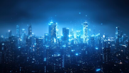 A futuristic city skyline illuminated with blue lights, showcasing tall buildings and a vibrant atmosphere in a night setting.