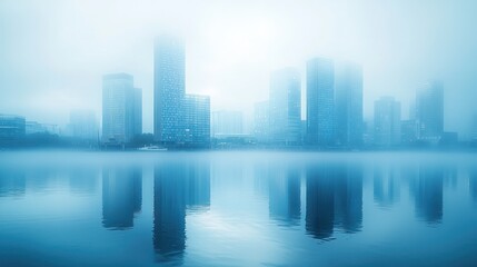 Fototapeta premium Foggy city skyline reflected in calm water. (1)