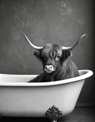 Charming highland cow relaxes in vintage bathtub. Monochrome photo captures whimsical scene, animal enjoys bath time. Playful, endearing image evokes humor, relaxation. Perfect for unique, creative