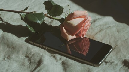 Single pink rose lying on top of a black smartphone. the rose is in full bloom with its petals open and its stem and leaves visible. the smartphone is resting on a beige fabric surface.