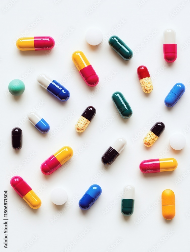 Poster colorful capsules scattered on a minimalist background create a striking visual arrangement perfect 