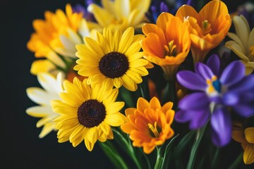 Fototapeta premium Vibrant spring floral arrangements showcasing daisy, jonquil, sunflower, daffodil, and crocus for nature-themed decor and artistic inspiration in creative projects
