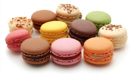 Obraz premium Top view of colorful macarons on white background, sweet and elegant, dessert photography, ultra-detailed, 4k
