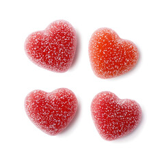 Fototapeta premium Red Jelly heart shaped candies coated in sugar, isolated on white background