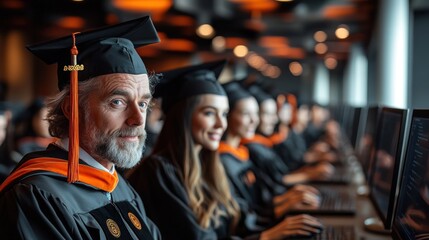 Fototapeta premium Mature male graduate student sits among classmates using computers at graduation ceremony.