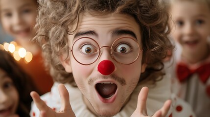 Cheerful clown performs for children at a festive event, spreading joy and laughter with engaging expressions and playful antics