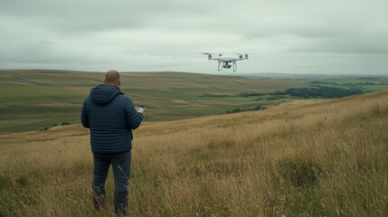Man Operating Drone in Open Field with Green Landscapes
