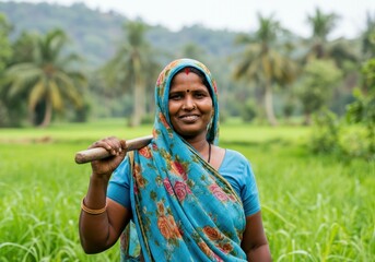 Indian female farmer carrying agricultural tool over shoulder, standing in verdant rice paddy, wearing traditional sari, representing rural agricultural life in India