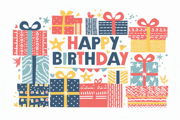 Naklejka premium Happy Birthday, bright and cheerful birthday greeting surrounded by gift boxes