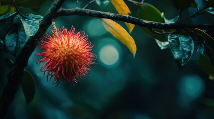Single ripe rambutan hanging on a branch.