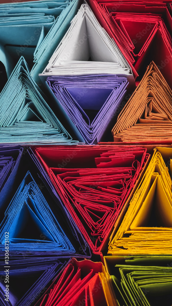 Poster close-up of colorful folded paper triangles, creating a geometric texture, showcasing vibrant hues a