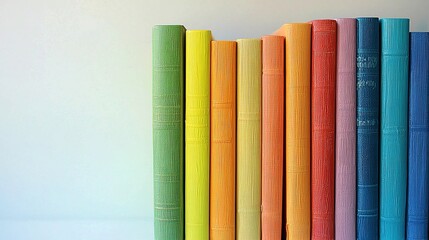 A vibrant array of colorful books neatly arranged on a shelf against a light background