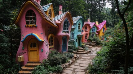 Obraz premium Colorful whimsical fairytale cottages line a winding stone pathway in nature