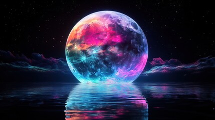 Surreal fantastic space landscape of the plant in bright neon glow in the reflection of the water surface