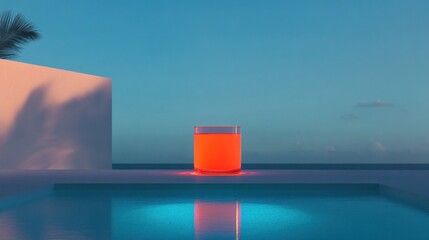 Fototapeta premium Glowing orange juice glass by pool at sunset.