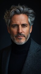 Fototapeta premium A middle-aged architect with salt-and-pepper hair, dressed in a black turtleneck and a structured blazer
