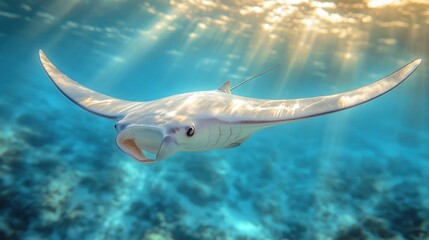 Obraz na płótnie Canvas Underwater sunlit scene of a manta ray swimming gracefully over a vibrant coral reef.