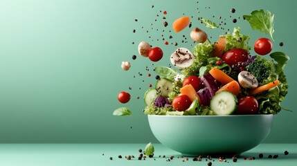 Fresh vegetables levitating above a teal bowl on a green background.