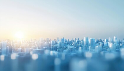 Fototapeta premium A tranquil city skyline at sunrise, showcasing modern architecture against a soft blue background.