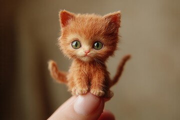 Fototapeta premium Miniature cat perched delicately on a fingertip, showcasing soft red fur and big green eyes in a warm, dreamy setting Generative AI