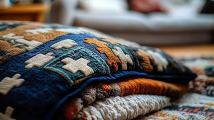 Fototapeta premium Cozy Stack of Colorful Pillows and Blankets for Home Decor and Comfort