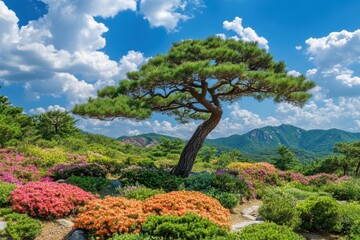 Vibrant kaizuka juniper blooms in a lush garden oasis on oedo island, geoje-si, showcasing stunning natural beauty for gardening and landscape enthusiasts