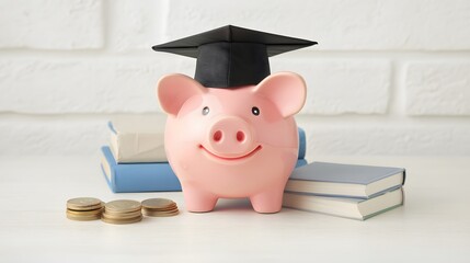 Saving for education piggy bank with graduation cap home office financial planning bright inspirational