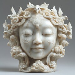 Fototapeta premium Elegant Marble Sculpture of Serene Face with Decorative Birds and Flowers