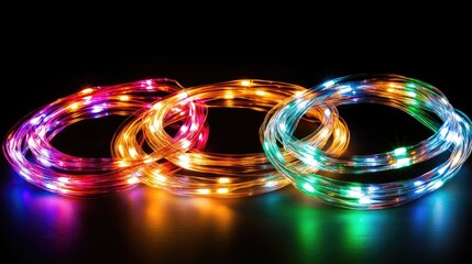 Close-up of colorful Christmas lights creating soft glowing circles on a dark surface, leaving room for overlay text or copy.