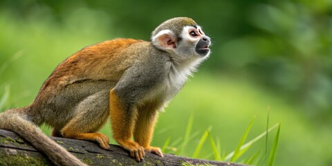 Obraz premium Common Squirrel Monkey in Lush Green Habitat - Wildlife Photography, Amazon Rainforest, Primate, Saimiri Sciureus, Green Background, Nature, Animal Portrait