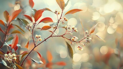 Red leaves and small white flowers on a branch, soft bokeh background.