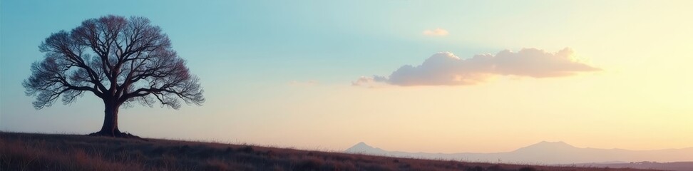Obraz premium A lone, imposing bare tree, its silhouette etched against a clear sky , dawn, light, vector
