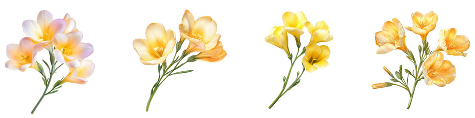 Fototapeta premium PNG Freesia flower set isolated on white background, delicate spring bloom 