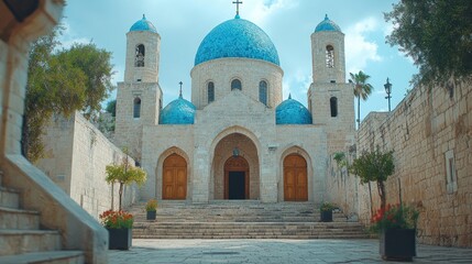 Blue-domed church with stone facade and stairs.