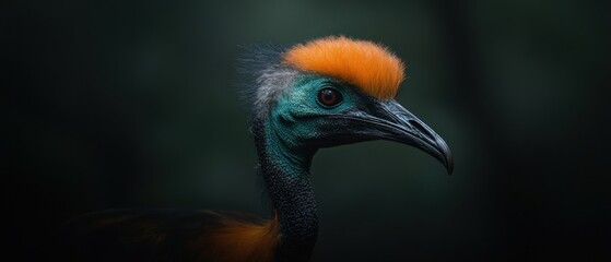 Vibrant exotic bird portrait, close-up view showcasing its unique plumage and striking features against a dark background.