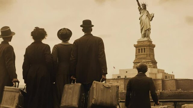 A group of immigrants arriving in America, standing with suitcases near the Statue of Liberty in a nostalgic, sepia-toned scene