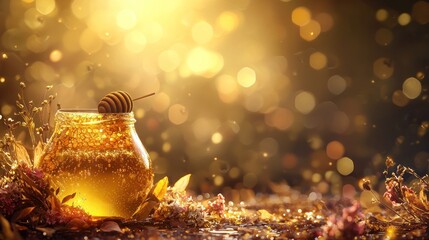 Golden honey jar with flowers and bokeh lights.