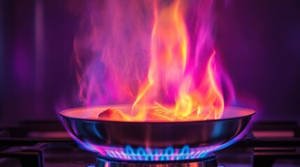 Flaming food in a pan on a stove