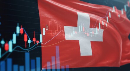 Blurred financial graph, Swiss flag overlay.
