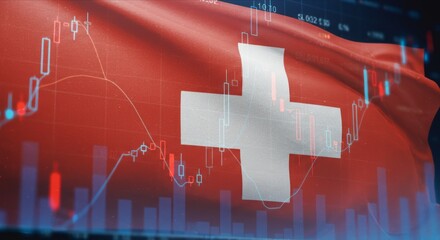 Blurred financial graph, Swiss flag overlay.